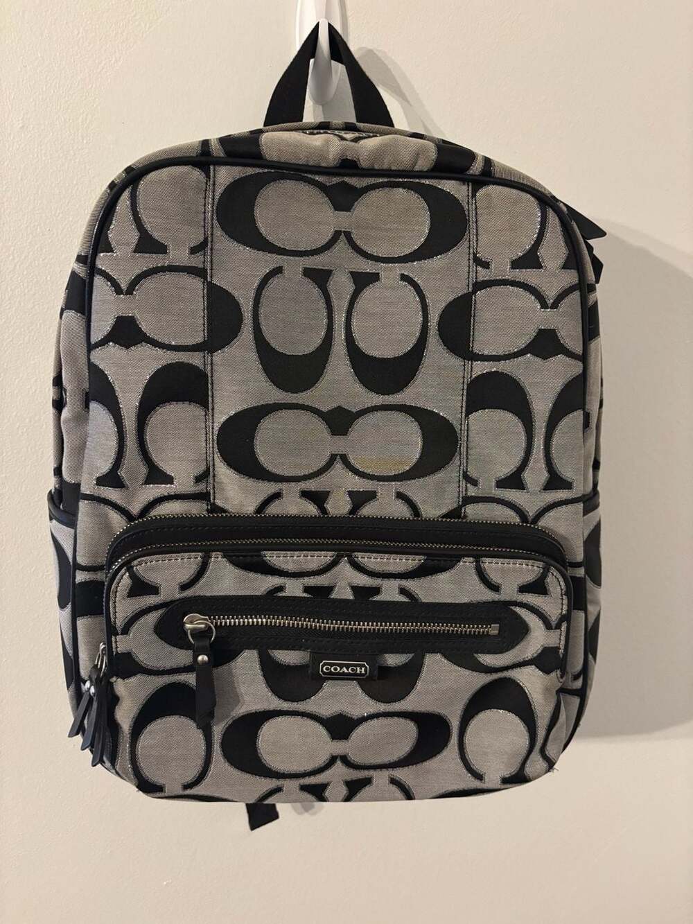 Coach Daisy Outline Signature Metallic Backpack F24365 Black Silver